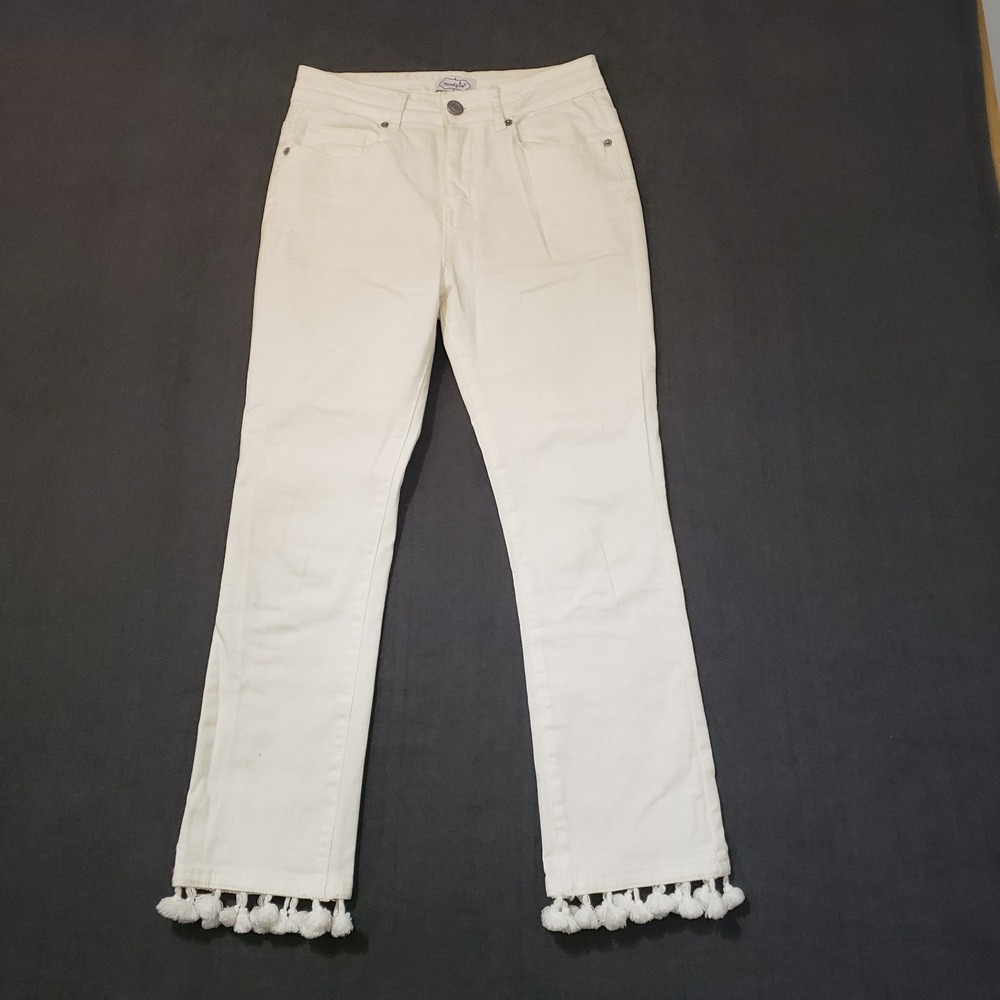 Mud Pie Jeans Womens Size Small Mid Rise Straight Tassel Hem White‎ Denim